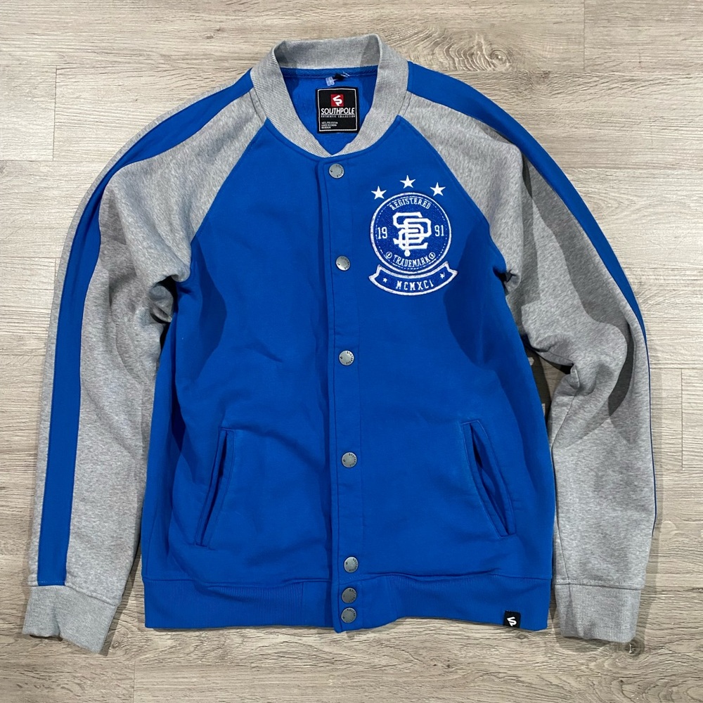 South Pole Blue and Gray Men's Varsity Y2K Streetwear Jacket Sweatshirt